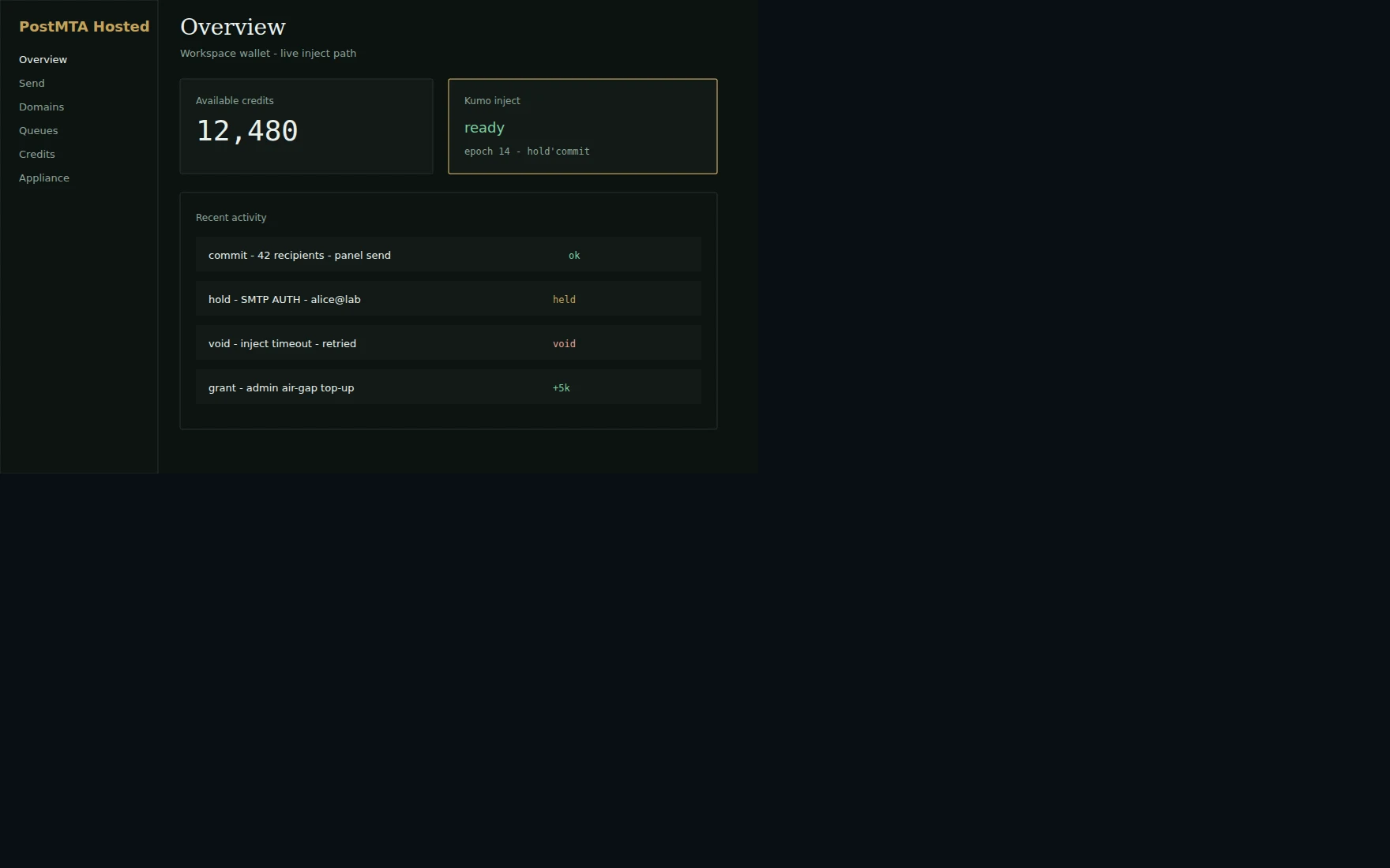 PostMTA Hosted panel overview with wallet and inject status